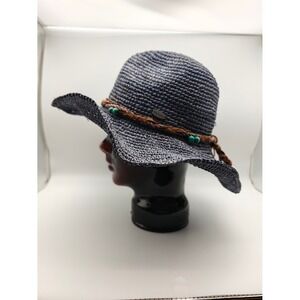 Wallaroo Catalina Cowboy Woven Raffia Blue Sun Hat Turquoise Beads Braided Band